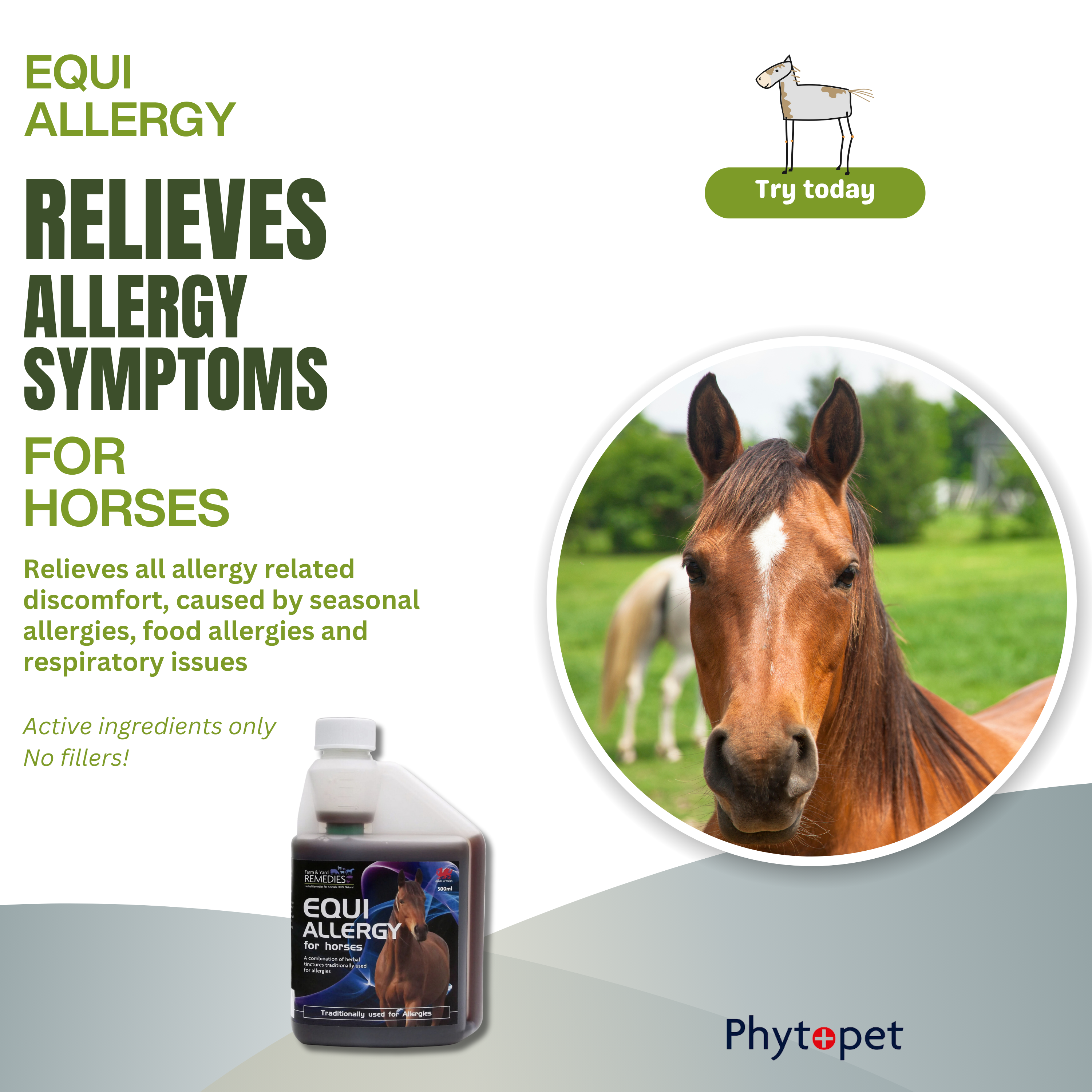 Equi-Allergy - for horses experiencing seasonal allergies, food allergies, skin inflammation, and respiratory issues.